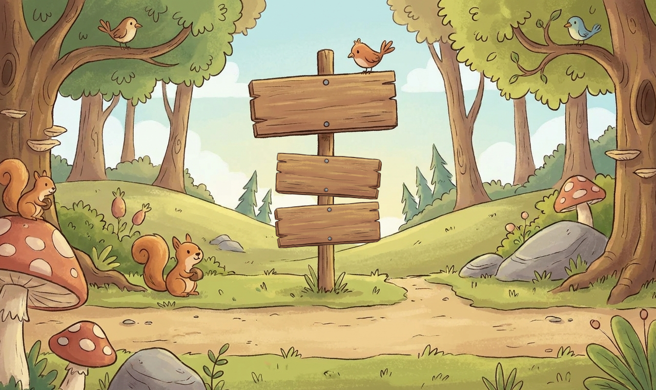 A storybook forest clearing with a wooden signpost